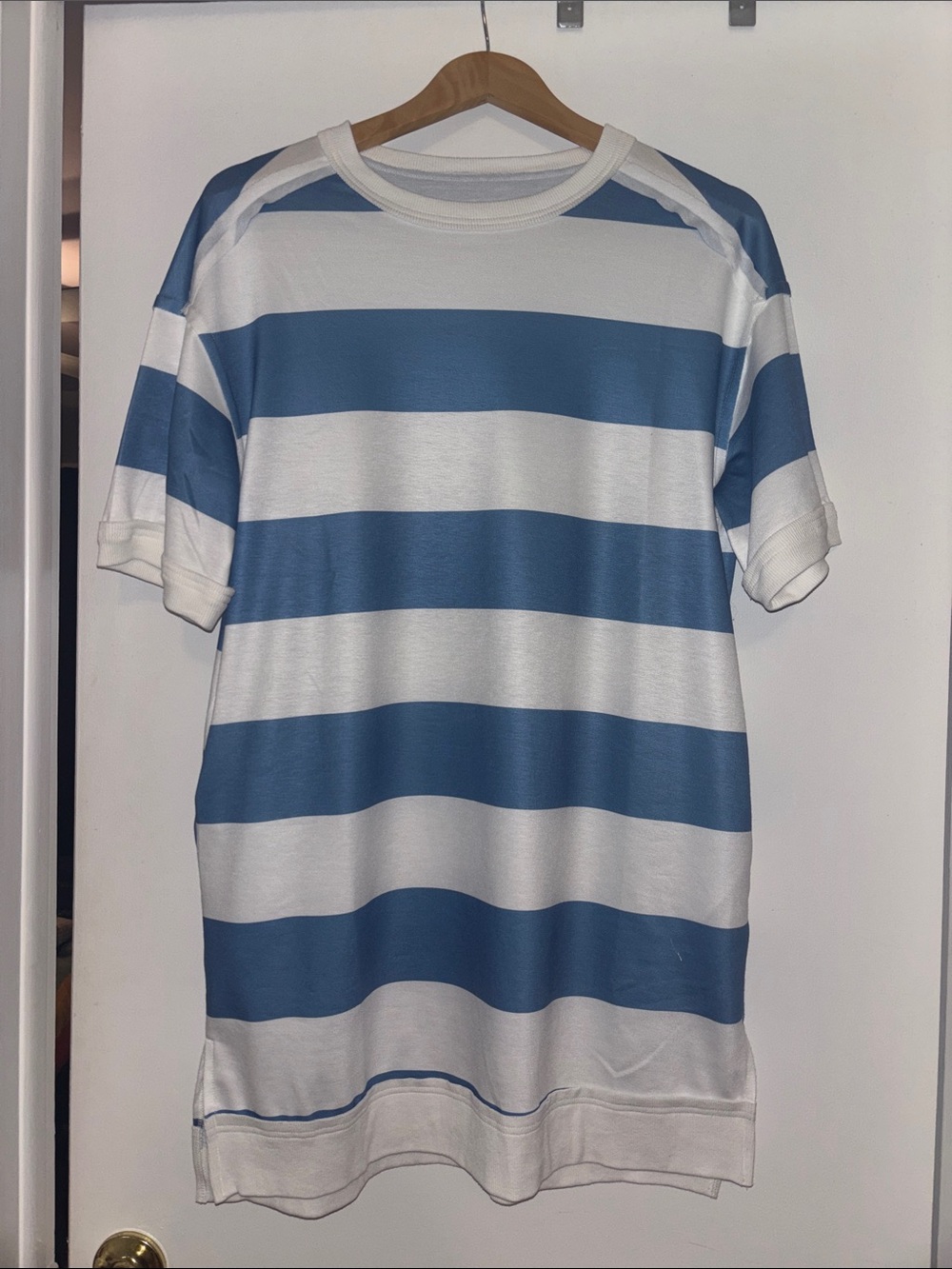 Women’s Blue and White Wide-Stripe Crewneck T-shirt Dress